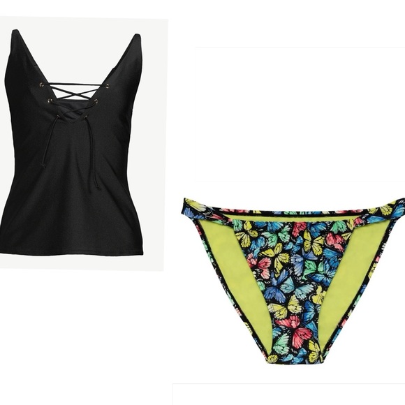 NWT bikini Love & Sports Black Shimmer Lace-Up Tankini Top size XS Bottom Small - Picture 4 of 15